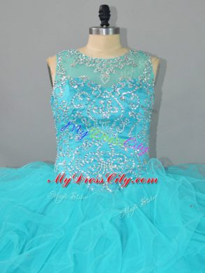 Dramatic Aqua Blue Scoop Neckline Beading and Ruffles Vestidos de Quinceanera Sleeveless Lace Up