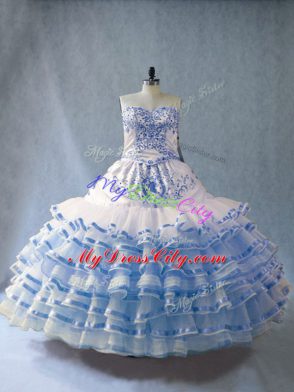 Discount Sweetheart Sleeveless 15 Quinceanera Dress Floor Length Embroidery and Ruffled Layers Blue And White Organza