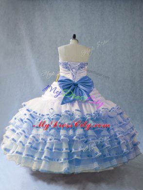 Discount Sweetheart Sleeveless 15 Quinceanera Dress Floor Length Embroidery and Ruffled Layers Blue And White Organza