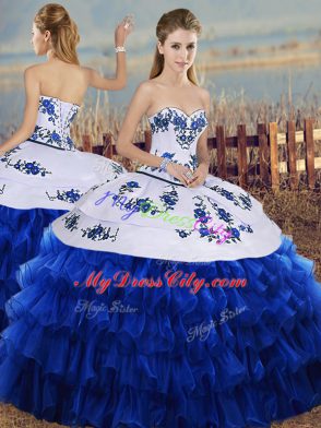 Colorful Sleeveless Organza Floor Length Lace Up Quinceanera Dresses in Royal Blue with Embroidery and Ruffled Layers