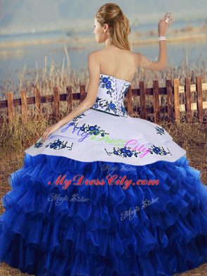 Colorful Sleeveless Organza Floor Length Lace Up Quinceanera Dresses in Royal Blue with Embroidery and Ruffled Layers