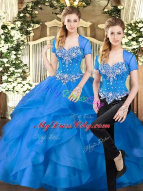 Glorious Floor Length Two Pieces Sleeveless Blue 15 Quinceanera Dress Lace Up