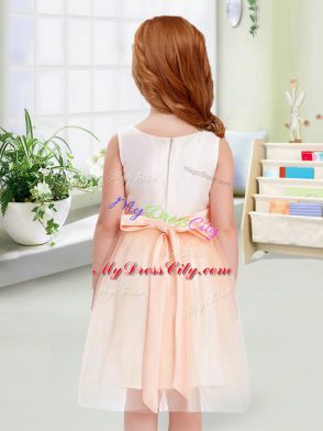 Hot Sale Sleeveless Tulle Knee Length Zipper Toddler Flower Girl Dress in Peach with Bowknot