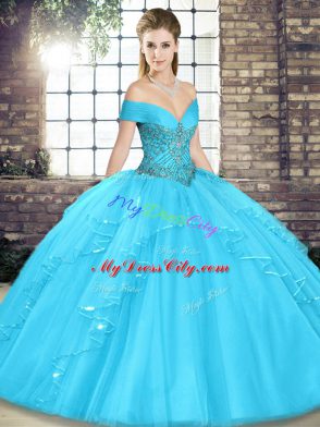 Floor Length Ball Gowns Sleeveless Aqua Blue Sweet 16 Dress Lace Up