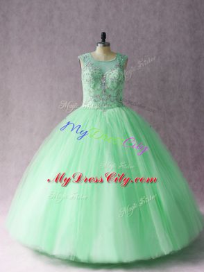 Glamorous Apple Green Tulle Lace Up Scoop Sleeveless Floor Length Sweet 16 Dresses Beading