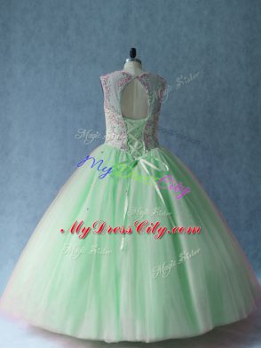 Glamorous Apple Green Tulle Lace Up Scoop Sleeveless Floor Length Sweet 16 Dresses Beading