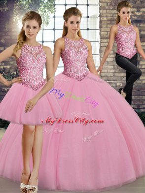 Superior Pink Sweet 16 Dress Military Ball and Sweet 16 and Quinceanera with Embroidery Scoop Sleeveless Lace Up