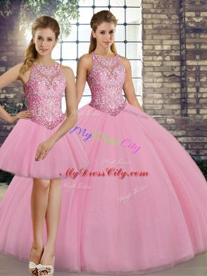 Superior Pink Sweet 16 Dress Military Ball and Sweet 16 and Quinceanera with Embroidery Scoop Sleeveless Lace Up