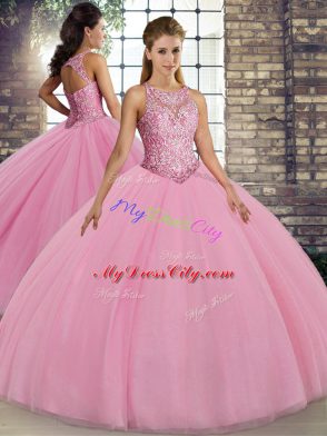 Superior Pink Sweet 16 Dress Military Ball and Sweet 16 and Quinceanera with Embroidery Scoop Sleeveless Lace Up