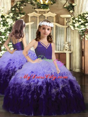 Multi-color Ball Gowns V-neck Sleeveless Tulle Floor Length Backless Ruffles and Ruching Ball Gown Prom Dress