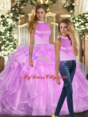 Low Price Halter Top Sleeveless Organza Sweet 16 Dress Beading and Ruffles Backless