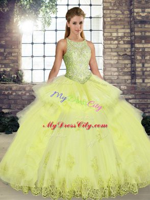 Decent Yellow Ball Gowns Tulle Scoop Sleeveless Lace and Embroidery and Ruffles Floor Length Lace Up 15th Birthday Dress