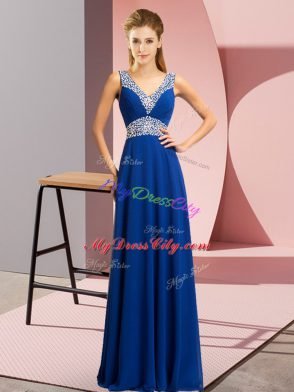 Simple Royal Blue Sleeveless Beading Floor Length Prom Party Dress