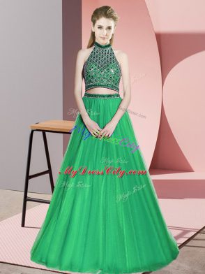 Customized Green Sleeveless Floor Length Beading Lace Up Dress for Prom