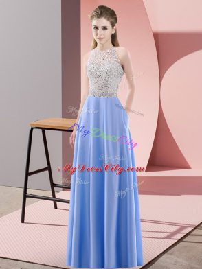 Suitable Blue Empire Scoop Sleeveless Satin Floor Length Backless Beading Custom Made