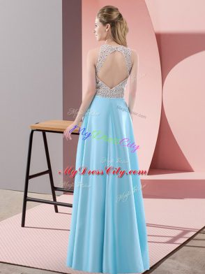 Suitable Blue Empire Scoop Sleeveless Satin Floor Length Backless Beading Custom Made