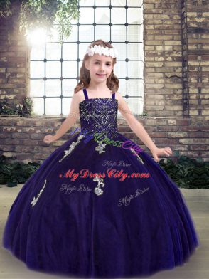 Purple Ball Gowns Tulle Straps Sleeveless Appliques Floor Length Lace Up Pageant Dress Womens