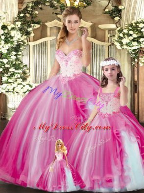 Fantastic Ball Gowns Sweet 16 Quinceanera Dress Fuchsia Sweetheart Tulle Sleeveless Floor Length Lace Up