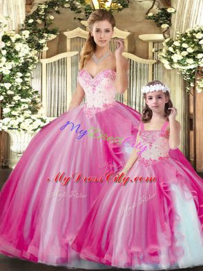 Fantastic Ball Gowns Sweet 16 Quinceanera Dress Fuchsia Sweetheart Tulle Sleeveless Floor Length Lace Up