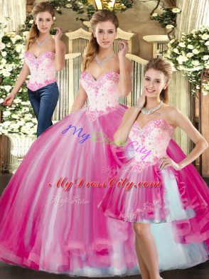 Fuchsia Ball Gowns Sweetheart Sleeveless Tulle Floor Length Lace Up Beading Quince Ball Gowns