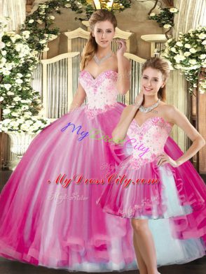 Fuchsia Ball Gowns Sweetheart Sleeveless Tulle Floor Length Lace Up Beading Quince Ball Gowns