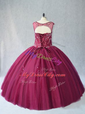 Most Popular Burgundy Quinceanera Dress Sweet 16 and Quinceanera with Beading Scoop Sleeveless Lace Up