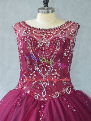 Most Popular Burgundy Quinceanera Dress Sweet 16 and Quinceanera with Beading Scoop Sleeveless Lace Up