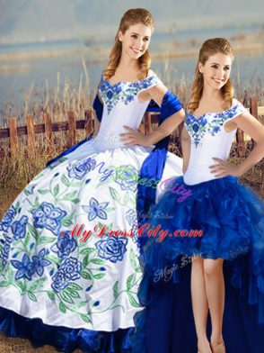 Designer Blue And White Sleeveless Satin Lace Up Vestidos de Quinceanera for Sweet 16 and Quinceanera