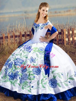 Designer Blue And White Sleeveless Satin Lace Up Vestidos de Quinceanera for Sweet 16 and Quinceanera