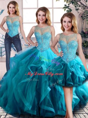 Adorable Aqua Blue Three Pieces Beading and Ruffles Quinceanera Dress Lace Up Tulle Sleeveless Floor Length