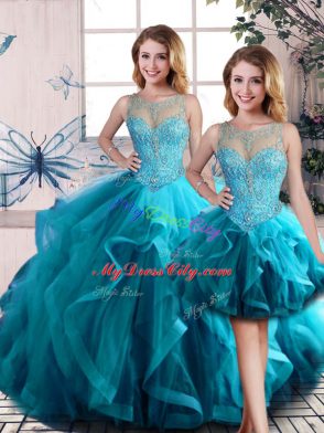 Adorable Aqua Blue Three Pieces Beading and Ruffles Quinceanera Dress Lace Up Tulle Sleeveless Floor Length