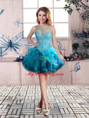 Adorable Aqua Blue Three Pieces Beading and Ruffles Quinceanera Dress Lace Up Tulle Sleeveless Floor Length