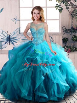 Adorable Aqua Blue Three Pieces Beading and Ruffles Quinceanera Dress Lace Up Tulle Sleeveless Floor Length