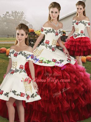 Exceptional Wine Red Sleeveless Embroidery and Ruffled Layers Floor Length Quinceanera Gown