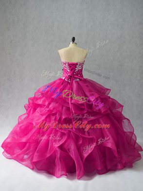 Sweetheart Sleeveless 15th Birthday Dress Floor Length Beading and Ruffles Fuchsia Organza