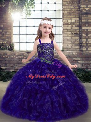 Pretty Purple Organza Lace Up Little Girls Pageant Gowns Sleeveless Floor Length Beading and Ruffles