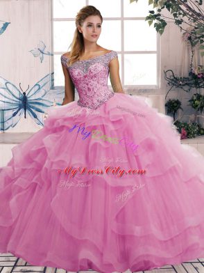 Rose Pink Sleeveless Tulle Lace Up Quinceanera Dress for Military Ball and Sweet 16 and Quinceanera