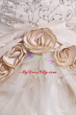 Customized Champagne Satin Lace Up One Shoulder Sleeveless Vestidos de Quinceanera Brush Train Embroidery and Hand Made Flower