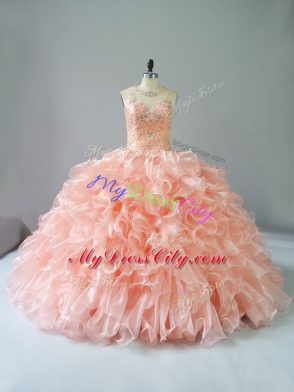 Suitable Peach Ball Gown Prom Dress Organza Sleeveless Beading and Ruffles