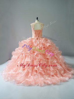 Suitable Peach Ball Gown Prom Dress Organza Sleeveless Beading and Ruffles