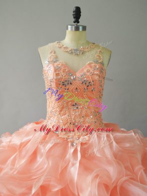 Suitable Peach Ball Gown Prom Dress Organza Sleeveless Beading and Ruffles