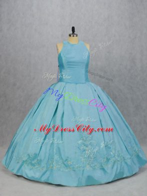 Custom Designed Blue Ball Gowns Embroidery Quince Ball Gowns Taffeta Sleeveless Floor Length