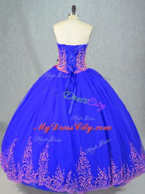 Sleeveless Floor Length Beading Lace Up Ball Gown Prom Dress with Blue