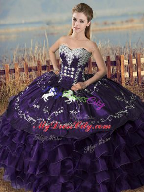 Embroidery and Ruffles Quinceanera Dress Purple Lace Up Sleeveless Floor Length