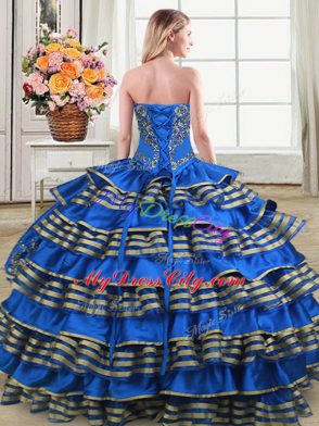 Designer Royal Blue Lace Up Sweetheart Embroidery and Ruffled Layers Ball Gown Prom Dress Satin and Organza Sleeveless