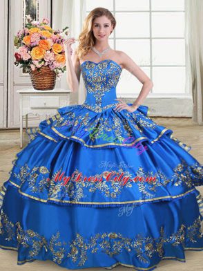 Designer Royal Blue Lace Up Sweetheart Embroidery and Ruffled Layers Ball Gown Prom Dress Satin and Organza Sleeveless