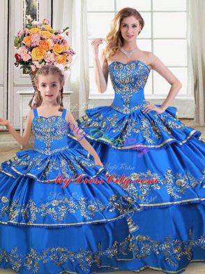 Designer Royal Blue Lace Up Sweetheart Embroidery and Ruffled Layers Ball Gown Prom Dress Satin and Organza Sleeveless