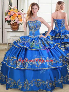 Designer Royal Blue Lace Up Sweetheart Embroidery and Ruffled Layers Ball Gown Prom Dress Satin and Organza Sleeveless