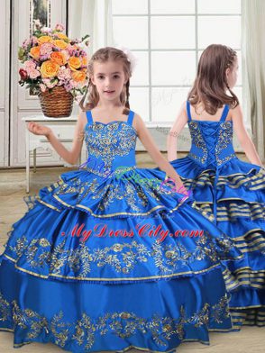 Designer Royal Blue Lace Up Sweetheart Embroidery and Ruffled Layers Ball Gown Prom Dress Satin and Organza Sleeveless