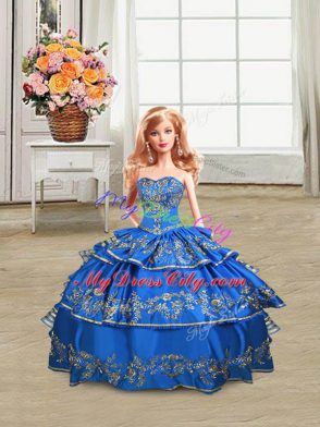 Designer Royal Blue Lace Up Sweetheart Embroidery and Ruffled Layers Ball Gown Prom Dress Satin and Organza Sleeveless